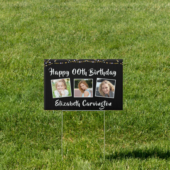 Modern ANY AGE Birthday Photo String Lights Black Sign | Zazzle