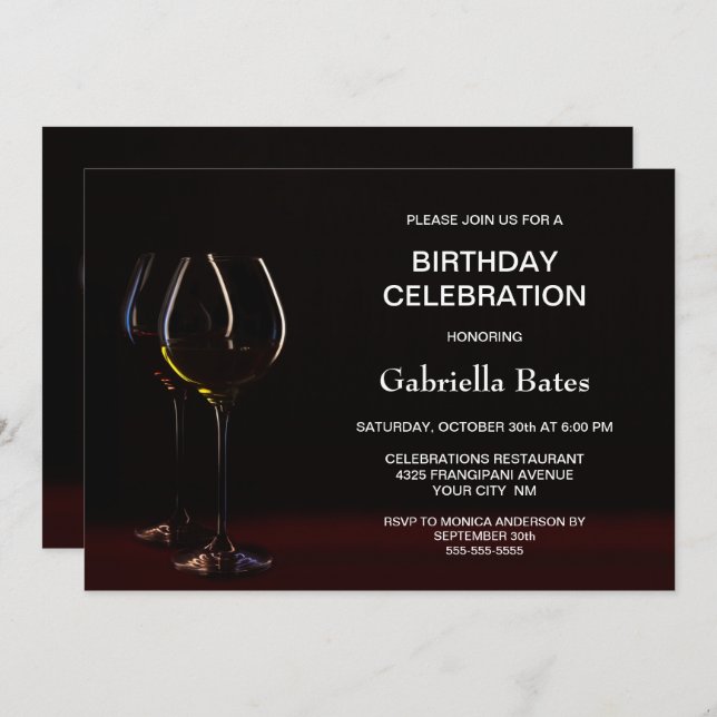 Modern Any Age Black Birthday Wine Glass Party Invitation (Front/Back)