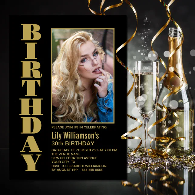 Modern Any Age Black Gold Photo Birthday Party Invitation | Zazzle