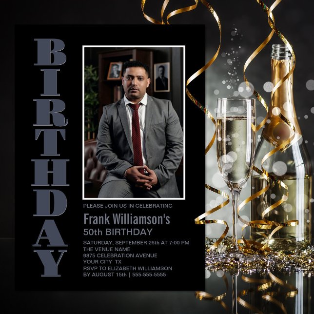 Modern Any Age Black Grey Photo Birthday Party Invitation (Creator Uploaded)