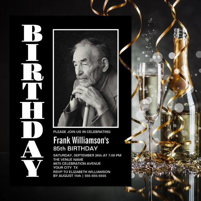 Modern Any Age Black White Photo Birthday Party Invitation (Creator Uploaded)