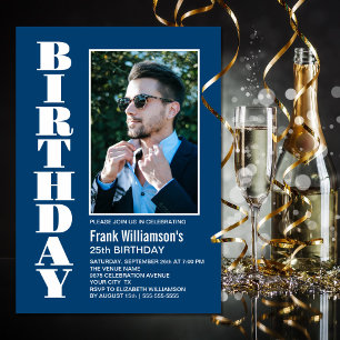 Modern Any Age Blue White Photo Birthday Party Invitation