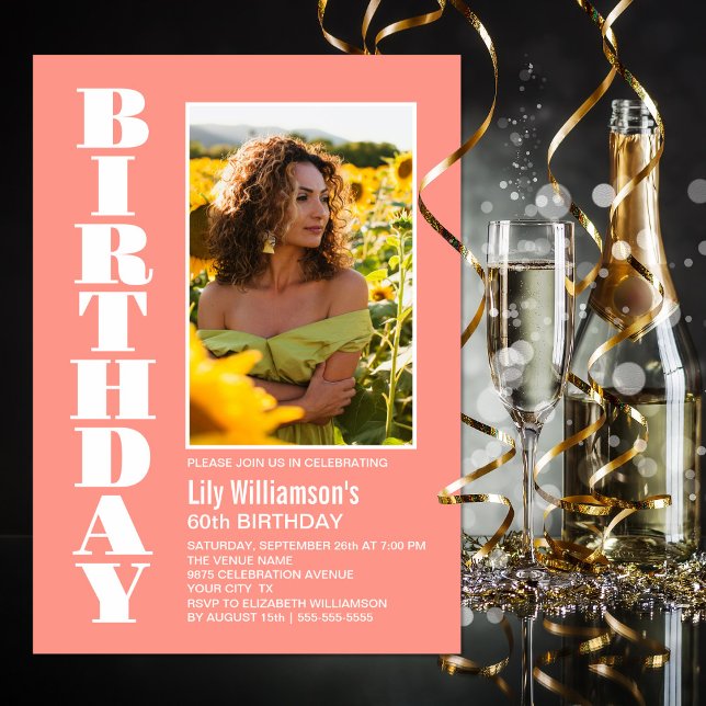 Modern Any Age Coral White Photo Birthday Party Invitation (Creator Uploaded)