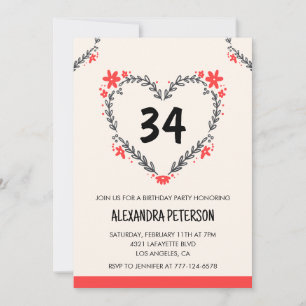 Modern Any age Floral Heart for her 34th birthday Invitation