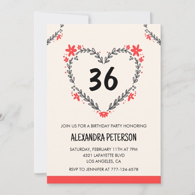 Modern Any age Floral Heart for her 36th birthday Invitation (Front)
