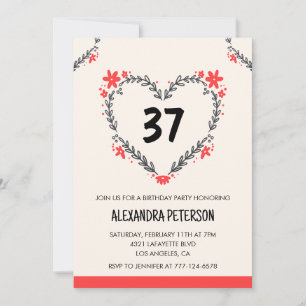 Modern Any age Floral Heart for her 37th birthday Invitation