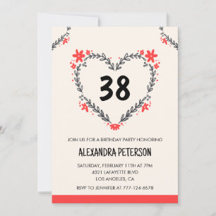 Modern Any age Floral Heart for her 38th birthday Invitation