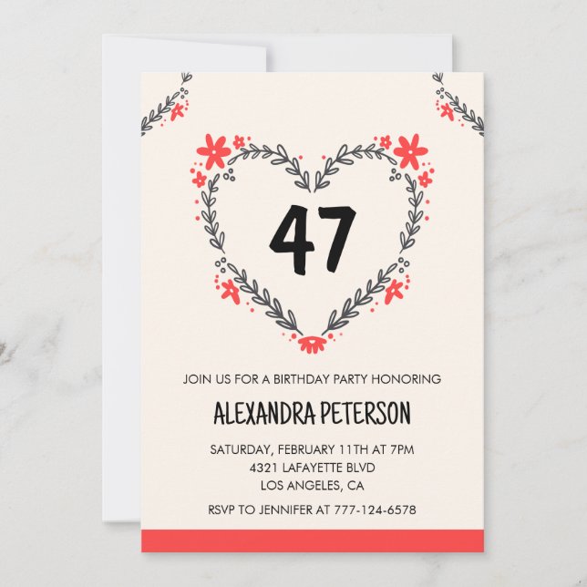Modern Any age Floral Heart for her 47th birthday Invitation (Front)