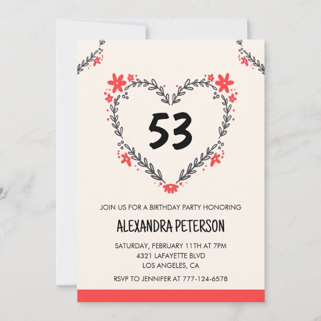 Modern Any age Floral Heart for her 53rd birthday Invitation (Front)