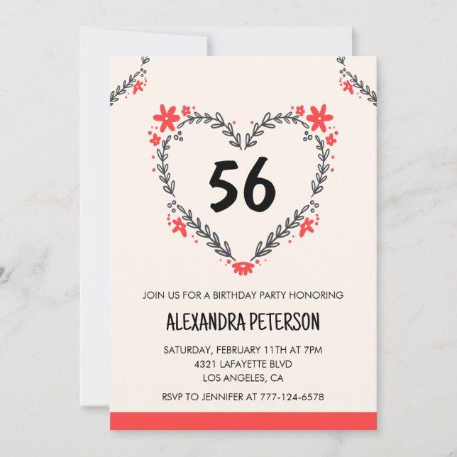 Modern Any age Floral Heart for her 56th birthday Invitation (Front)