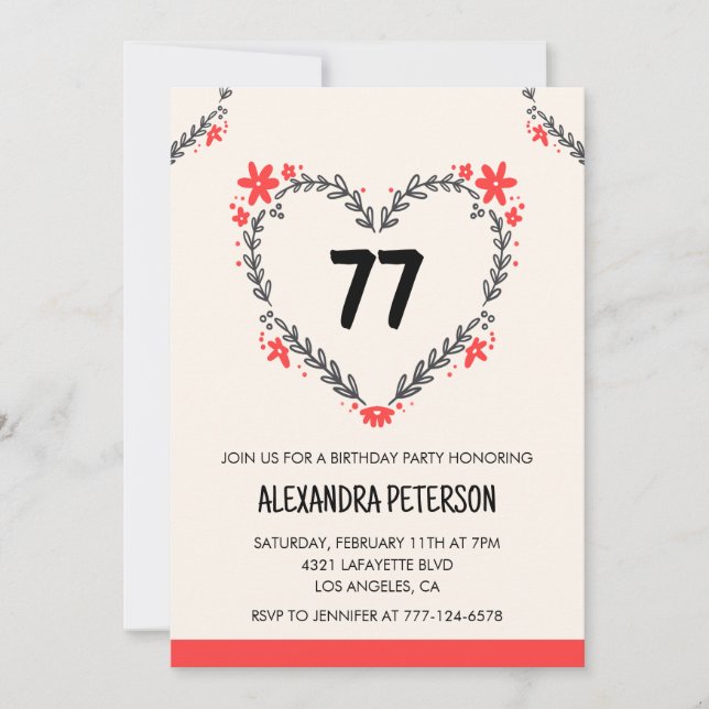 Modern Any age Floral Heart for her 77th birthday Invitation (Front)