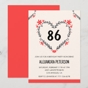 Modern Any age Floral Heart for her 86th birthday Invitation