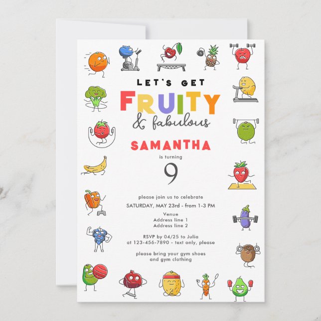 Modern Any Age Fruity & Fabulous Gym Girl Birthday Invitation (Front)