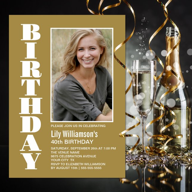 Modern Any Age Gold White Photo Birthday Party Invitation (Creator Uploaded)