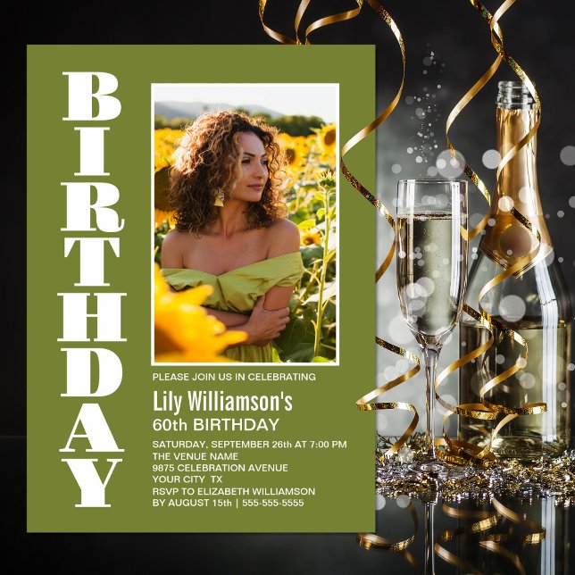 Modern Any Age Green White Photo Birthday Party Invitation (Creator Uploaded)
