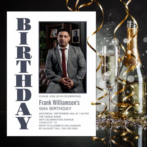 Modern Any Age Grey White Photo Birthday Party Invitation