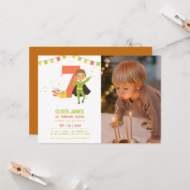 Modern, any age Superhero boy photo birthday  Invitation (Front/Back In Situ)