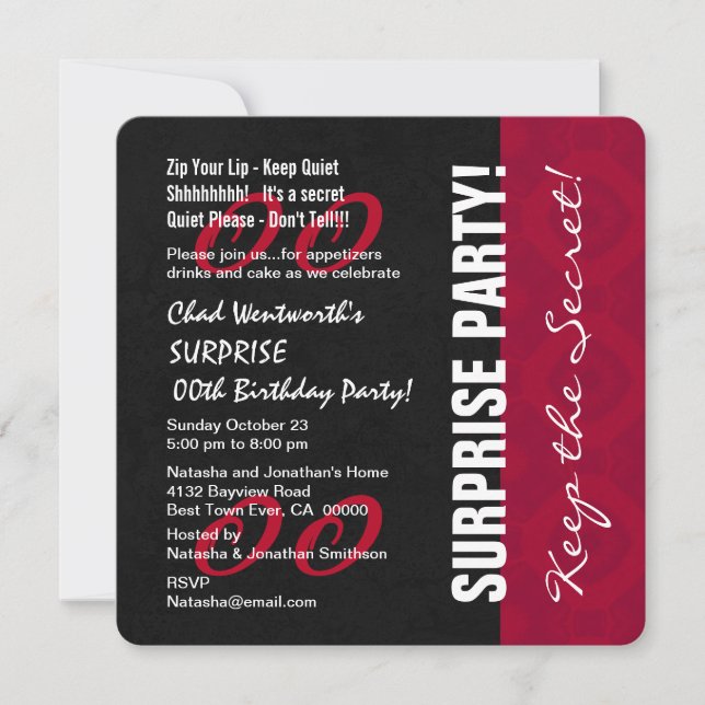 Modern Any Year SURPRISE Birthday V09 RED BLACK Invitation (Front)