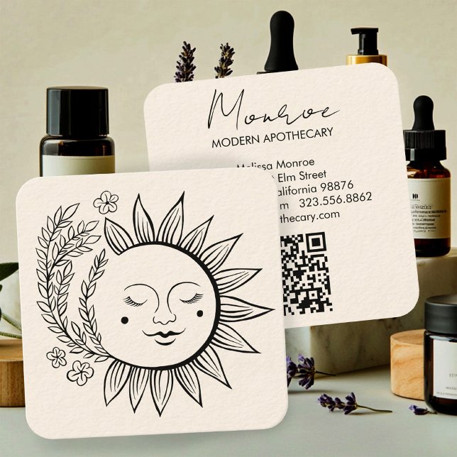 Modern Apothecary Sun Floral Boho Elegant QR Code Square Business Card (Modern Apothecary Herbalist Sun Floral Boho Elegant QR Code Square Business Card
)