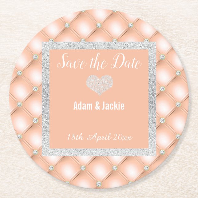 MODERN APRICOT PEACH DIAMOND SAVE THE DATE COASTER (Front)