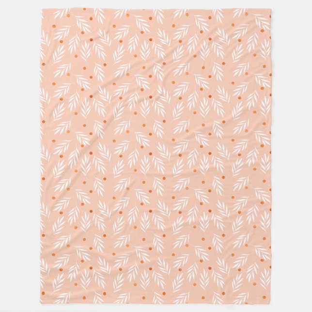 Modern Apricot Pink Floral Leaves Pattern Fleece Blanket (Front)