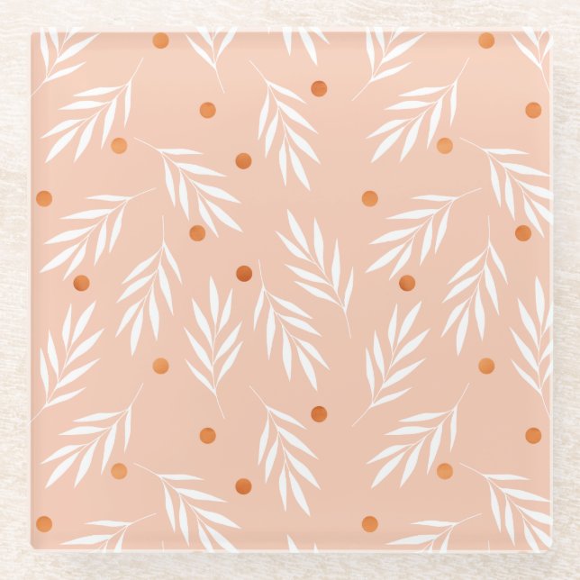 Modern Apricot Pink Floral Leaves Pattern Glass Coaster (Front)