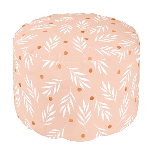 Modern Apricot Pink Floral Leaves Pattern Pouf (Angled Front)
