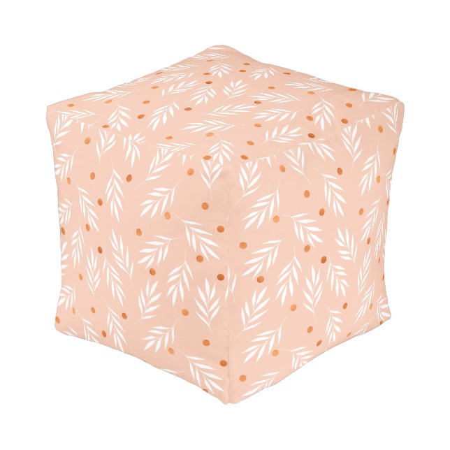 Modern Apricot Pink Floral Leaves Pattern Pouf (Angled Front)