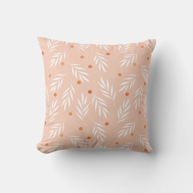 Modern Apricot Pink Floral Leaves Pattern Throw Pillow (Front)