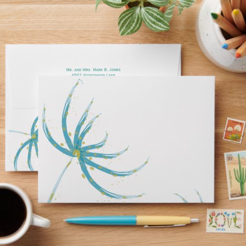 Modern Aqua and Chartreuse Wild Flower Wedding Envelope
