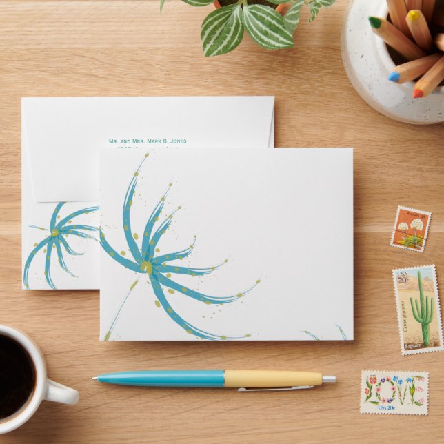 Modern Aqua and Chartreuse Wild Flower Wedding Envelope (Desk)