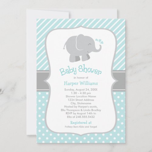 Modern Aqua and Gray Elephant Boy Baby Shower Invitation