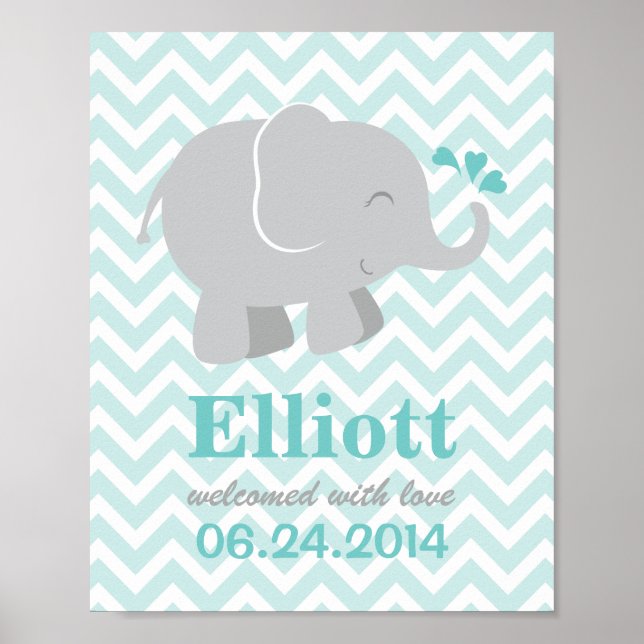 Modern Aqua and Gray Elephant Custom Monogram Poster (Front)