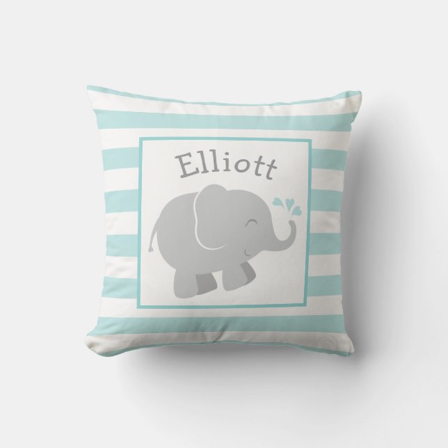 Modern Aqua and Gray Elephant Custom Monogram Throw Pillow (Front)