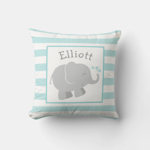 Modern Aqua and Gray Elephant Monogram Throw Pillow