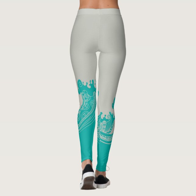 Modern Aqua and Gray Waves Leggings (Back)