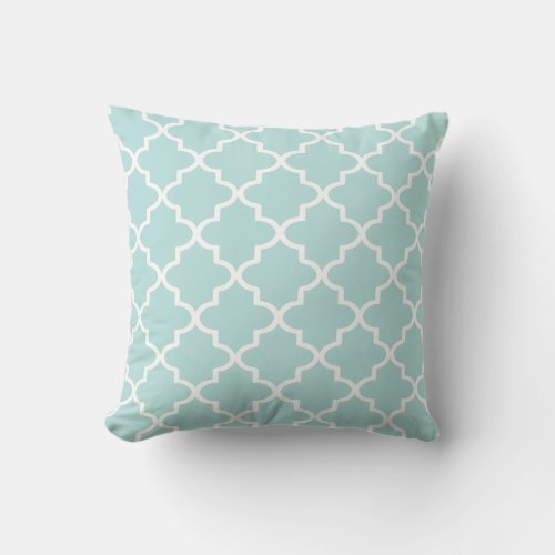 Modern Aqua and White Moroccan Quatrefoil Throw Pillow