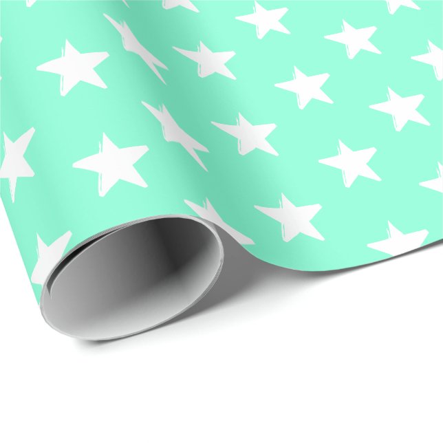 Modern aqua and white stars pattern gift wrapping paper (Roll Corner)