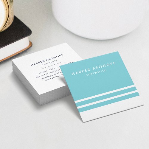 Modern Aqua and White Stripe Square Business Card
