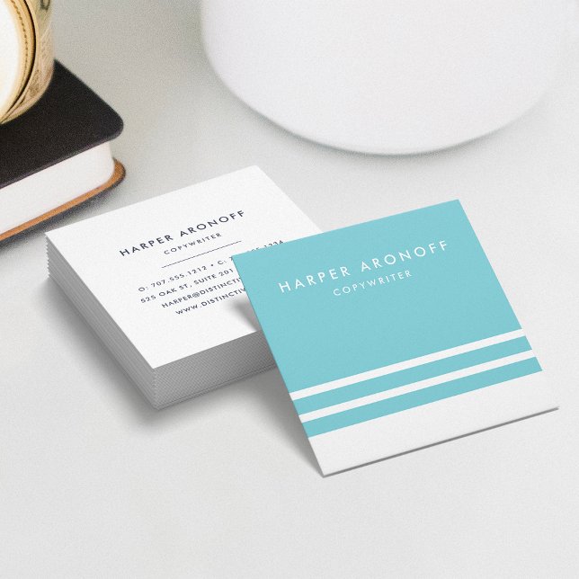 Modern Aqua and White Stripe Square Business Card (Creator Uploaded)