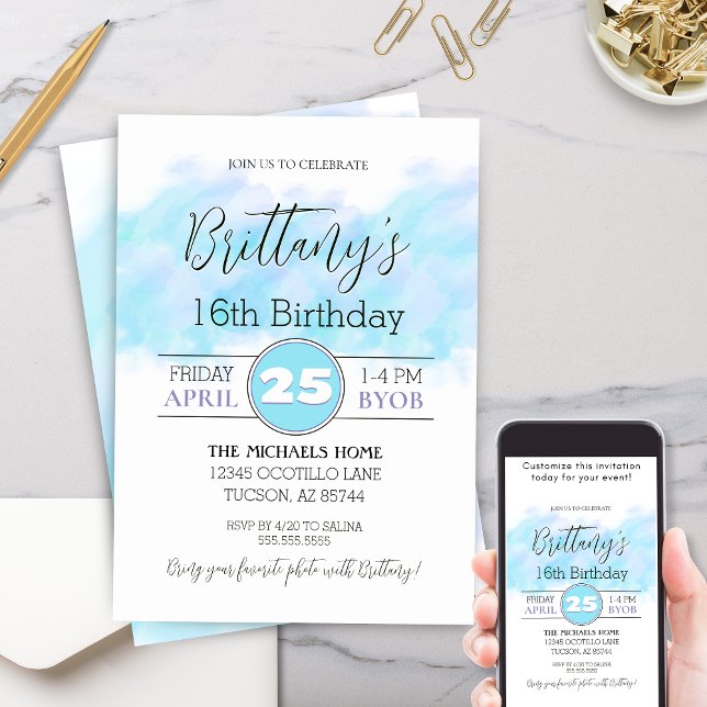 Modern Aqua Blue 16th Any Birthday Invitation (Modern aqua blue and purple artistic 16th or any birthday party invitation with trendy script)