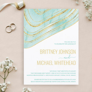 Modern Aqua Blue Agate Gold Foil Wedding Invitation
