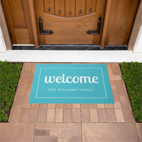 Modern Aqua Blue and White Personalized Welcome Doormat