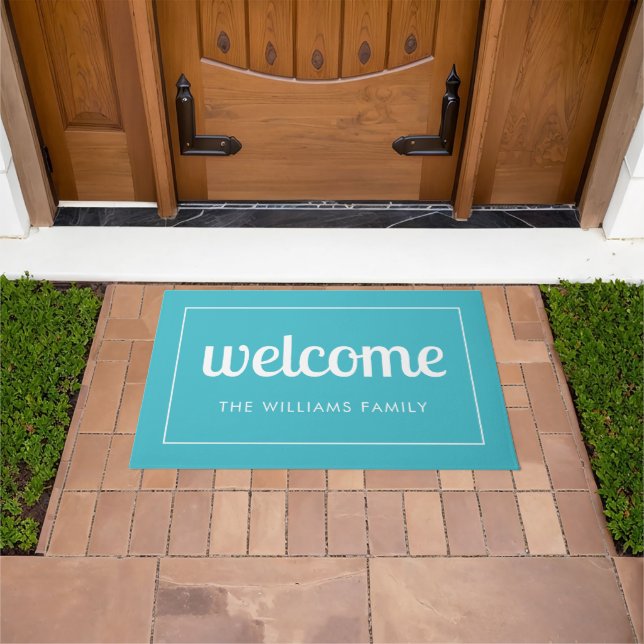 Modern Aqua Blue and White Personalized Welcome Doormat (Outdoor)