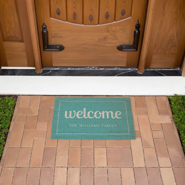 Modern Aqua Blue and White Personalized Welcome Fiber Doormat (Insitu (Outdoor))