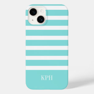 Modern Aqua Blue and White Stripe with Monogram  Case-Mate iPhone 14 Case