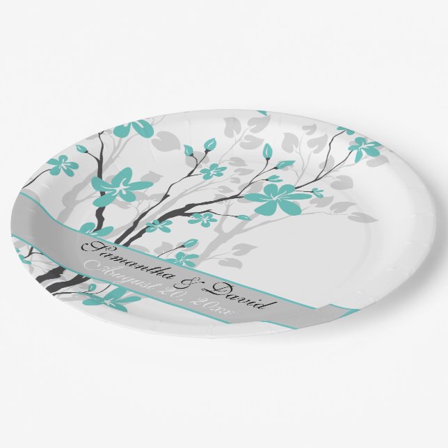 Modern aqua blue flowers on branch wedding paper plates (Angled)
