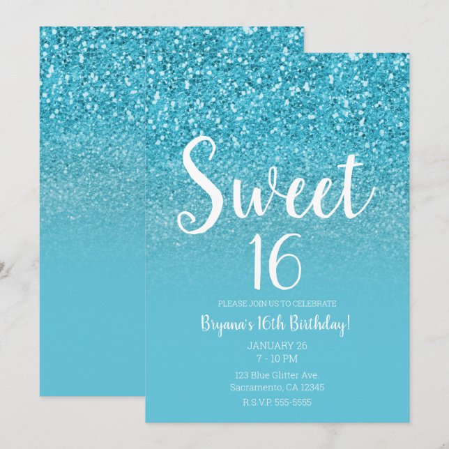 Modern Aqua Blue Glam Glitter Sweet 16 Invitation (Front/Back)