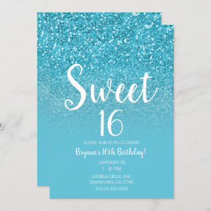 Modern Aqua Blue Glam Glitter Sweet 16 Invitation