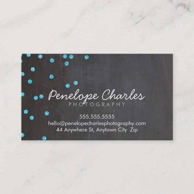 MODERN aqua blue glitter confetti dots chalkboard Business Card (Front)